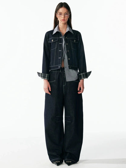 ALINNV STUDIO Vintage Washed Denim Jacket With Contrast Stitching And Plaid Cuff Jacket