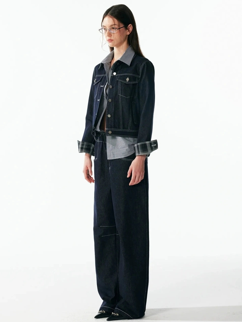ALINNV STUDIO Vintage Washed Denim Jacket With Contrast Stitching And Plaid Cuff Jacket