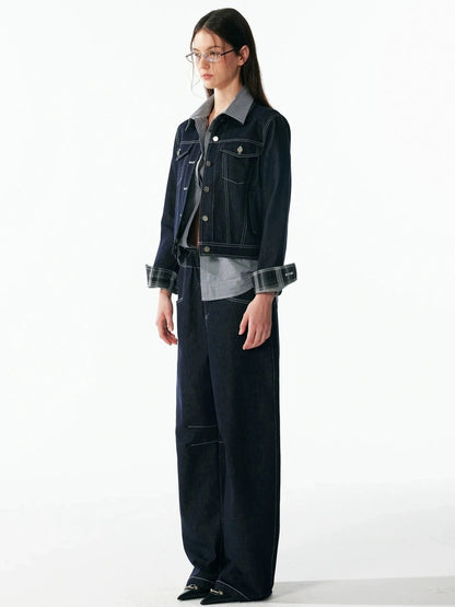 ALINNV STUDIO Vintage Washed Denim Jacket With Contrast Stitching And Plaid Cuff Jacket