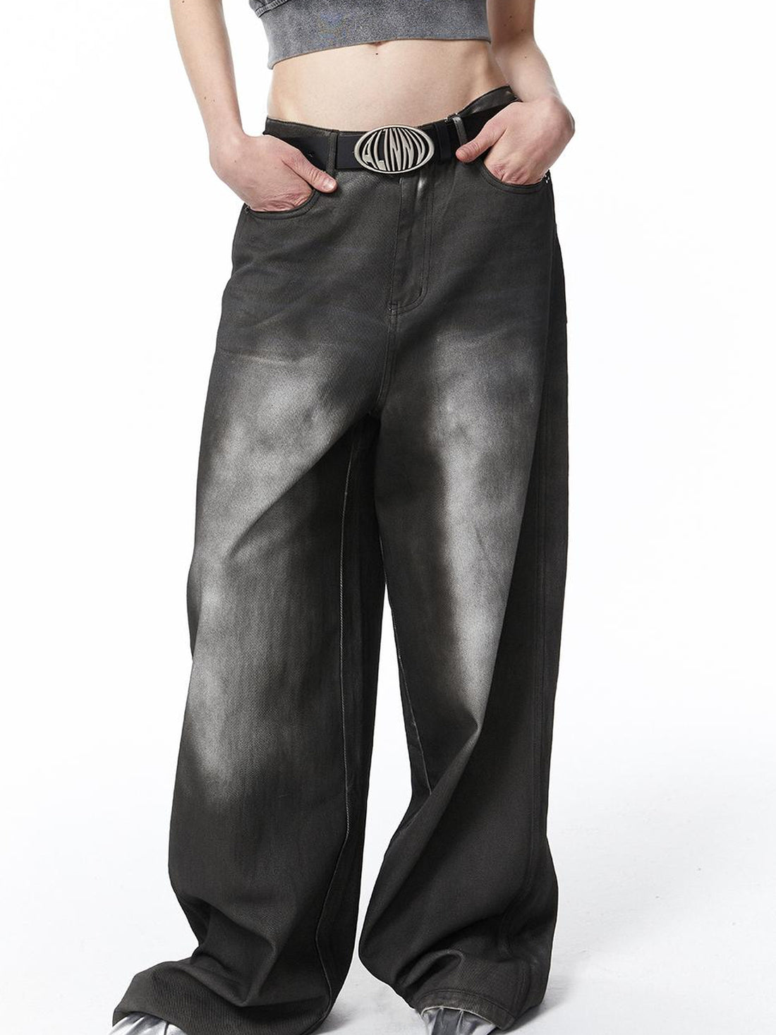 ALINNV STUDIO Vintage Washed Wide Leg Jeans Low Rise Distressed Denim Pants