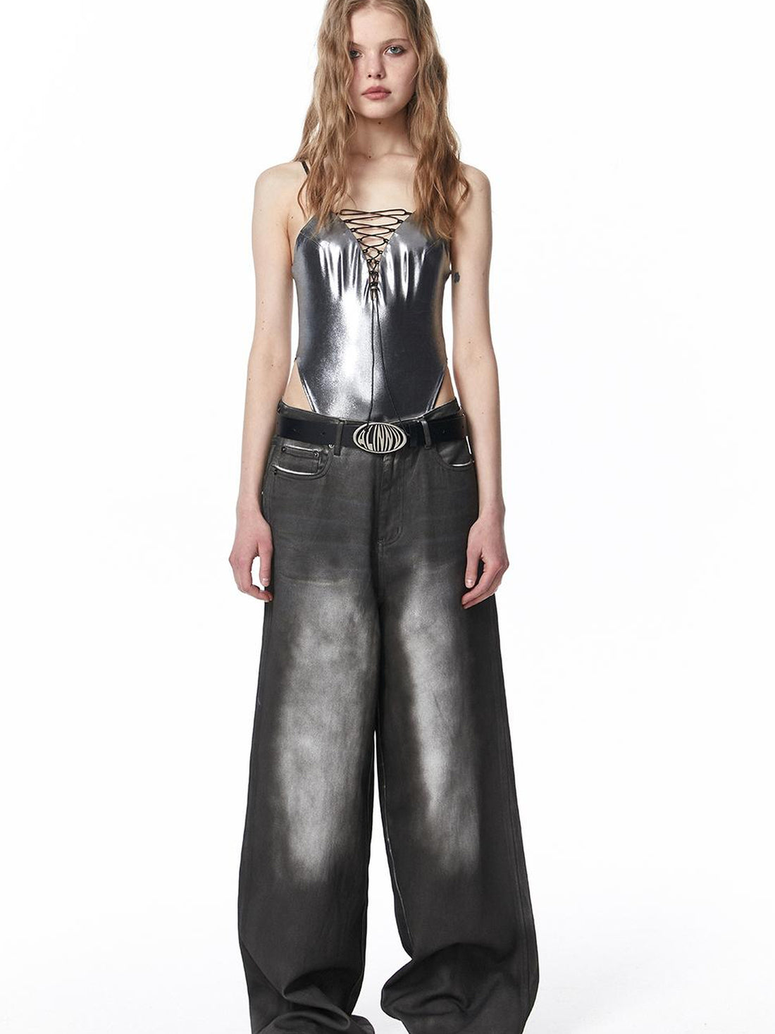 ALINNV STUDIO Vintage Washed Wide Leg Jeans Low Rise Distressed Denim Pants