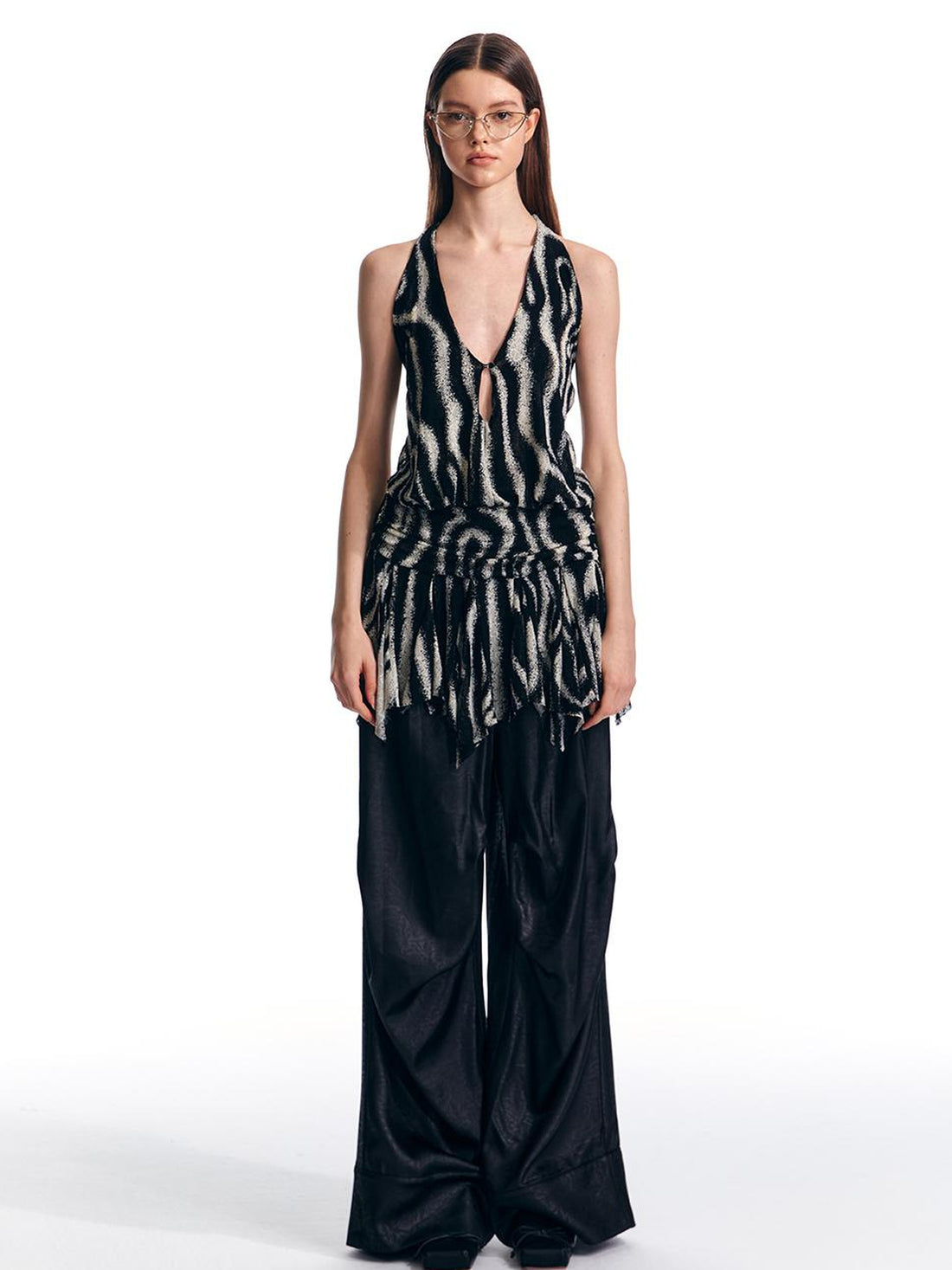 ALINNV STUDIO Wave Stripe Mesh Backless Halter Top