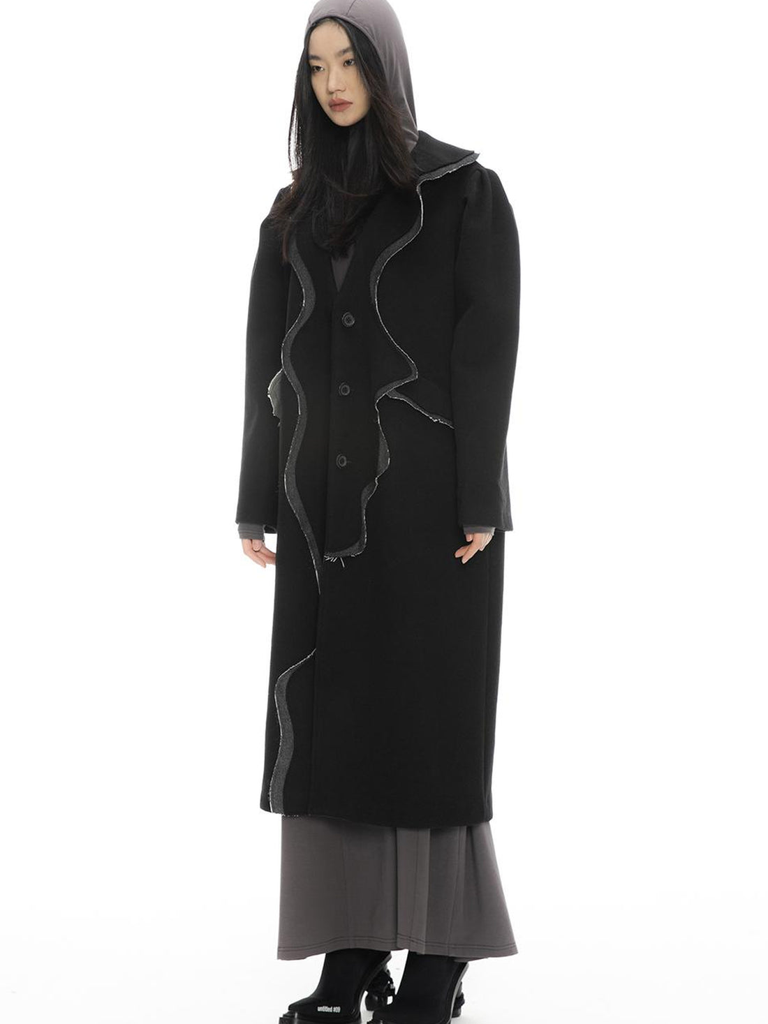 ALINNV STUDIO Wavy Trim Wool Blend Coat with Denim Details