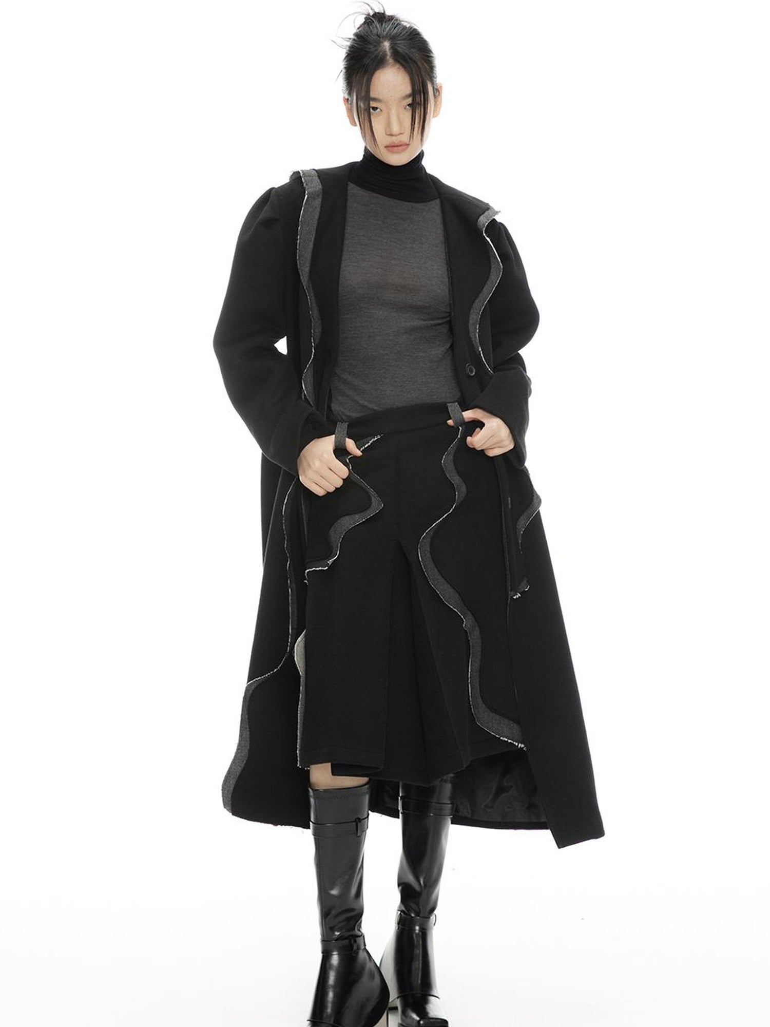 ALINNV STUDIO Wavy Trim Wool Blend Coat with Denim Details