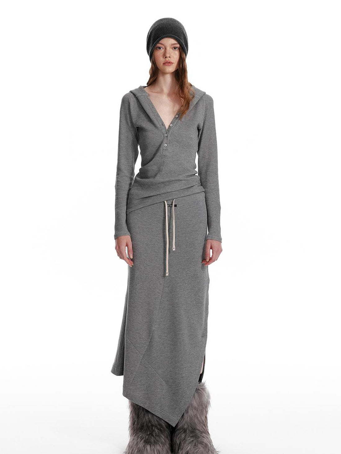 ALINNV STUDIO Wool Crewneck Hoodie Curved Hem Skirt Set