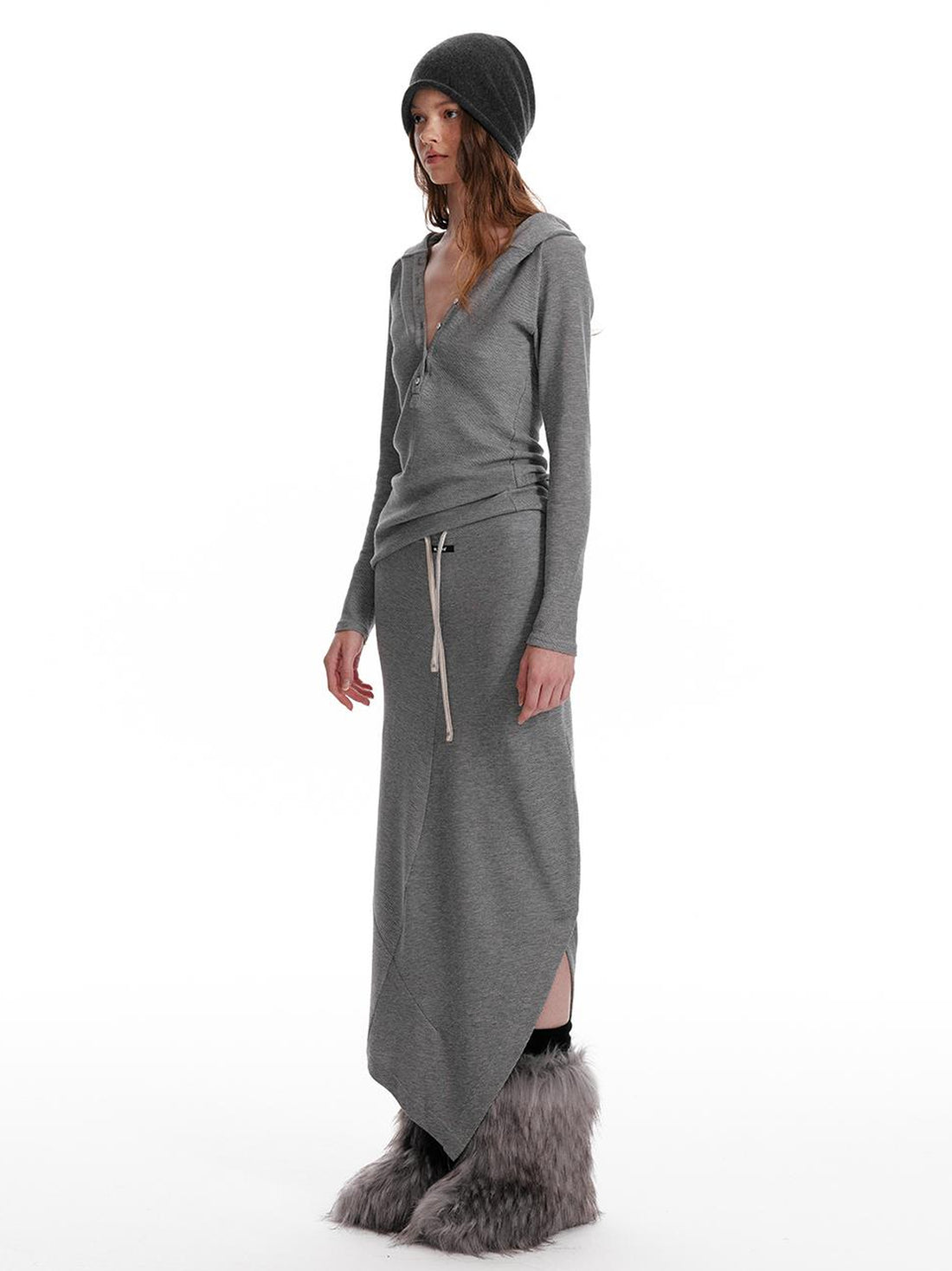 ALINNV STUDIO Wool Crewneck Hoodie Curved Hem Skirt Set