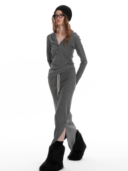 ALINNV STUDIO Wool Crewneck Hoodie Curved Hem Skirt Set