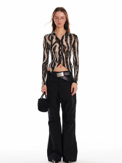 ALINNV STUDIO Zebra Print Stretch Fitted V Neck T Shirt Long Sleeve