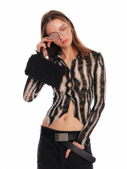 ALINNV STUDIO Zebra Print Stretch Fitted V Neck T Shirt Long Sleeve