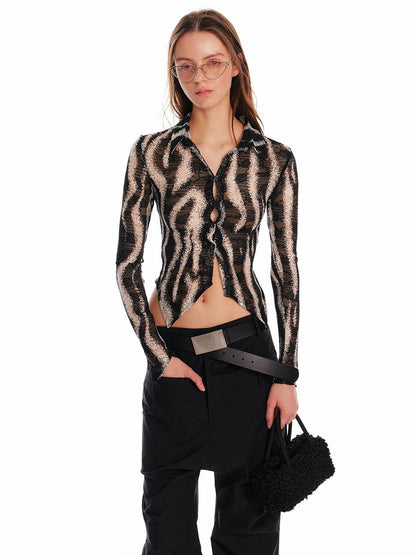 ALINNV STUDIO Zebra Print Stretch Fitted V Neck T Shirt Long Sleeve