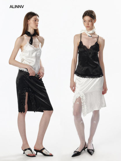 ALINNV Satin Lace Backless V-neck Short Straight Women&