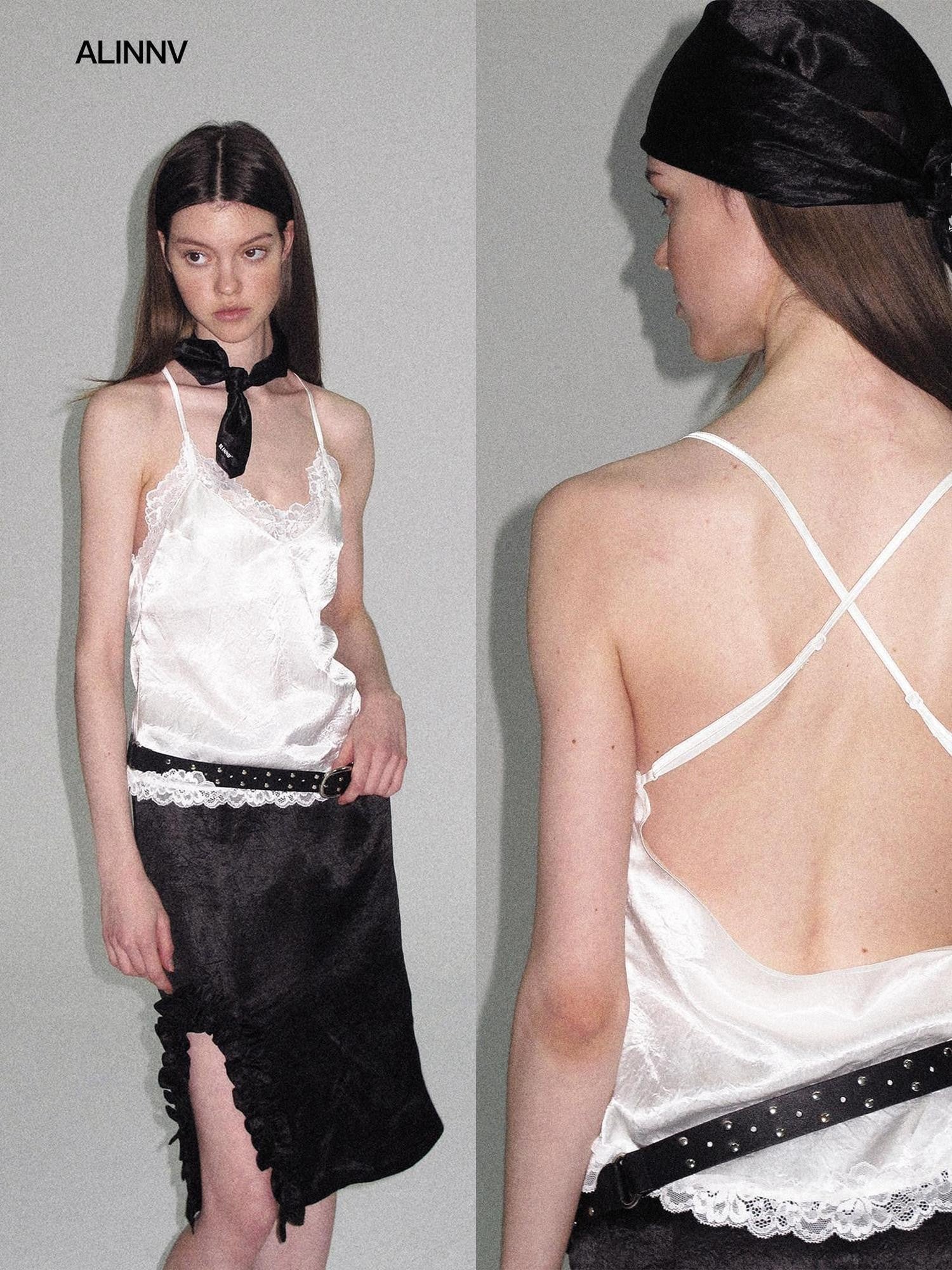 ALINNV Satin Lace Backless V-neck Short Straight Women&