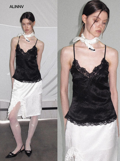 ALINNV Satin Lace Backless V-neck Short Straight Women&