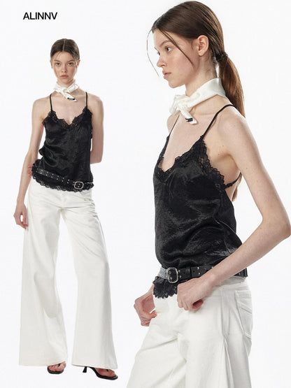 ALINNV Satin Lace Backless V-neck Short Straight Women&