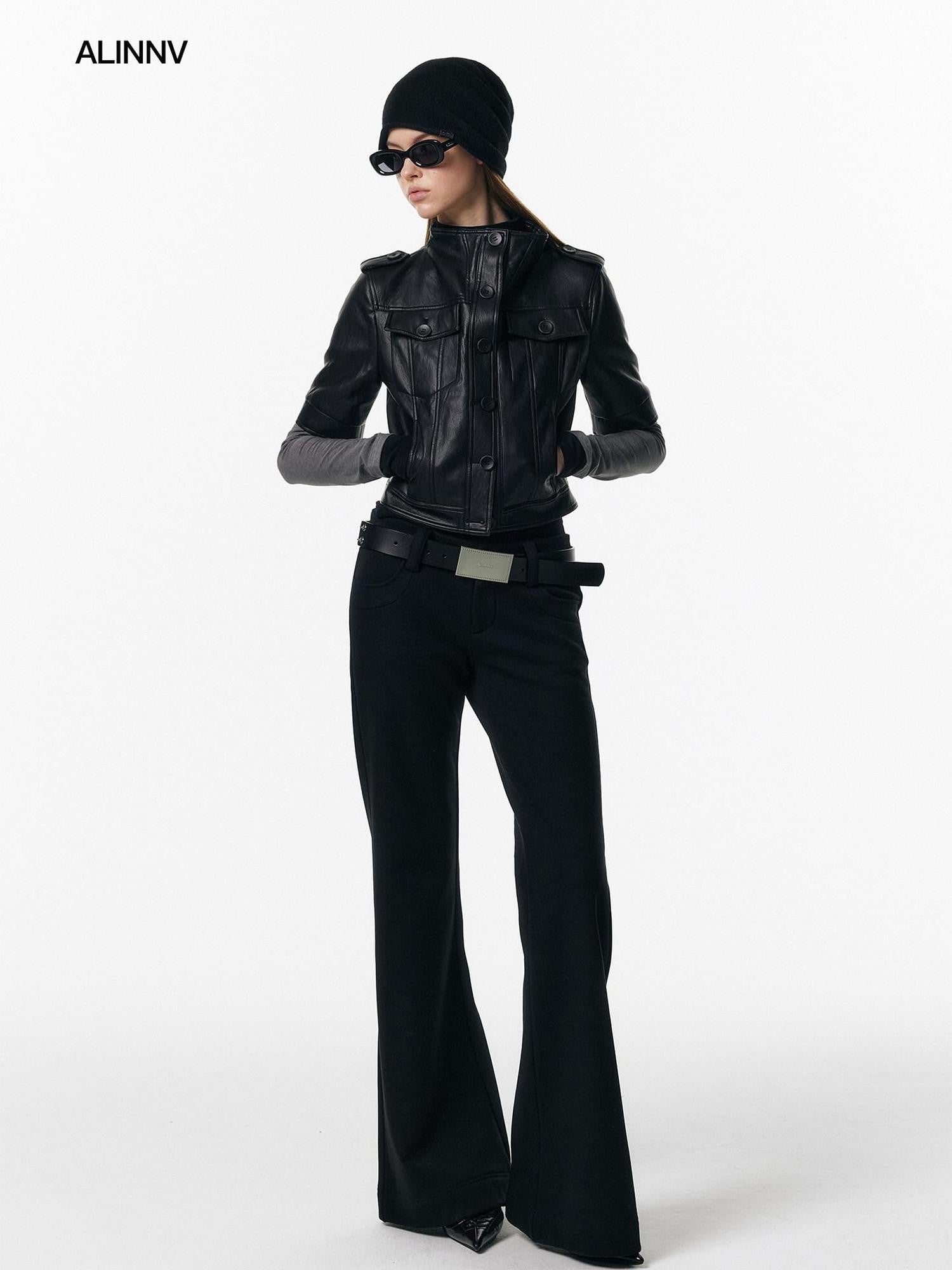 ALINNV Slim Short Sleeve Stand Collar Cropped Women&