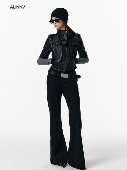 ALINNV Slim Short Sleeve Stand Collar Cropped Women&