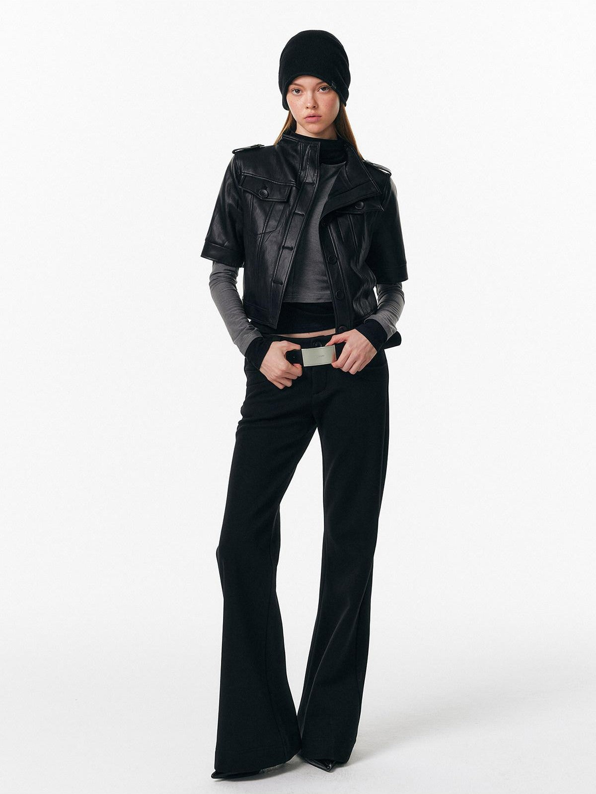 ALINNV Slim Short Sleeve Stand Collar Cropped Women&