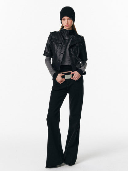 ALINNV Slim Short Sleeve Stand Collar Cropped Women&