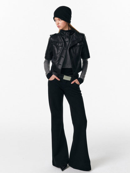 ALINNV Slim Short Sleeve Stand Collar Cropped Women&