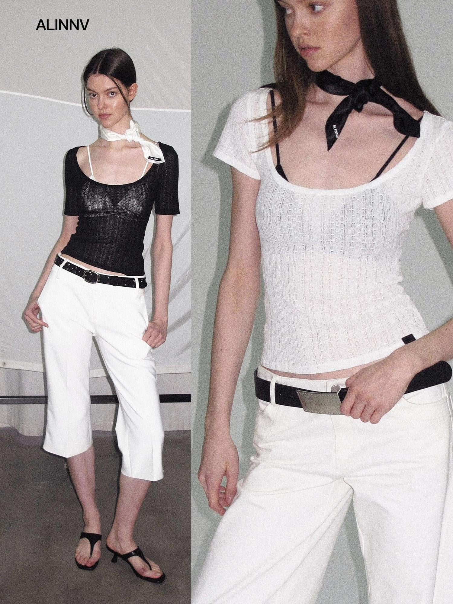 ALINNV Slimming Openwork Wide Round Neck Women&