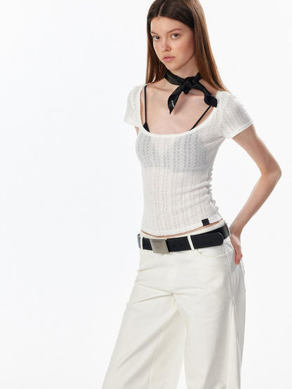 ALINNV Slimming Openwork Wide Round Neck Women&