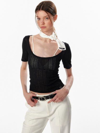 ALINNV Slimming Openwork Wide Round Neck Women&