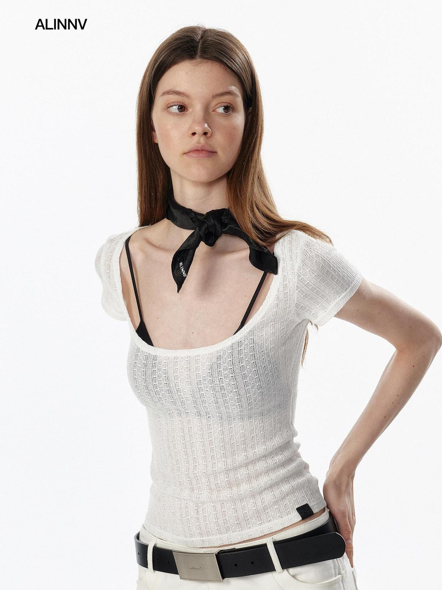 ALINNV Slimming Openwork Wide Round Neck Women&