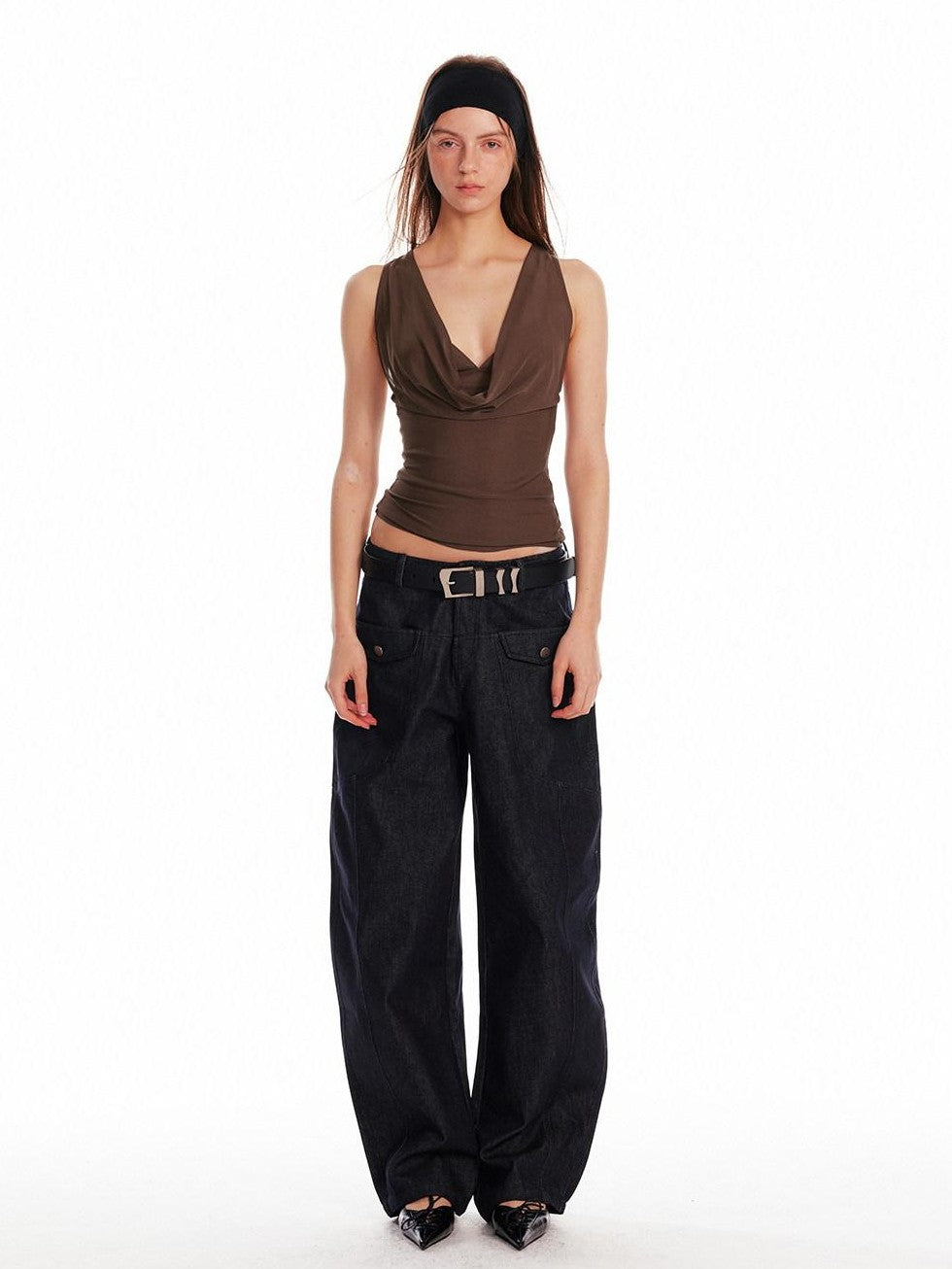 ALINNV Solid Asymmetrical Fitted Cowl Neck Women&