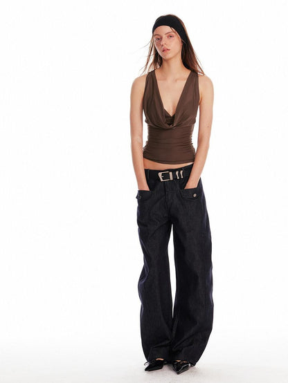 ALINNV Solid Asymmetrical Fitted Cowl Neck Women&