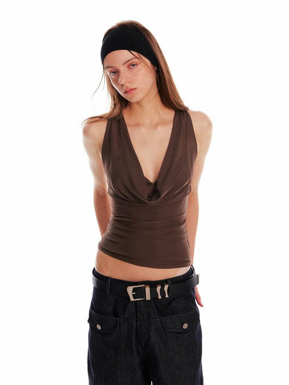 ALINNV Solid Asymmetrical Fitted Cowl Neck Women&