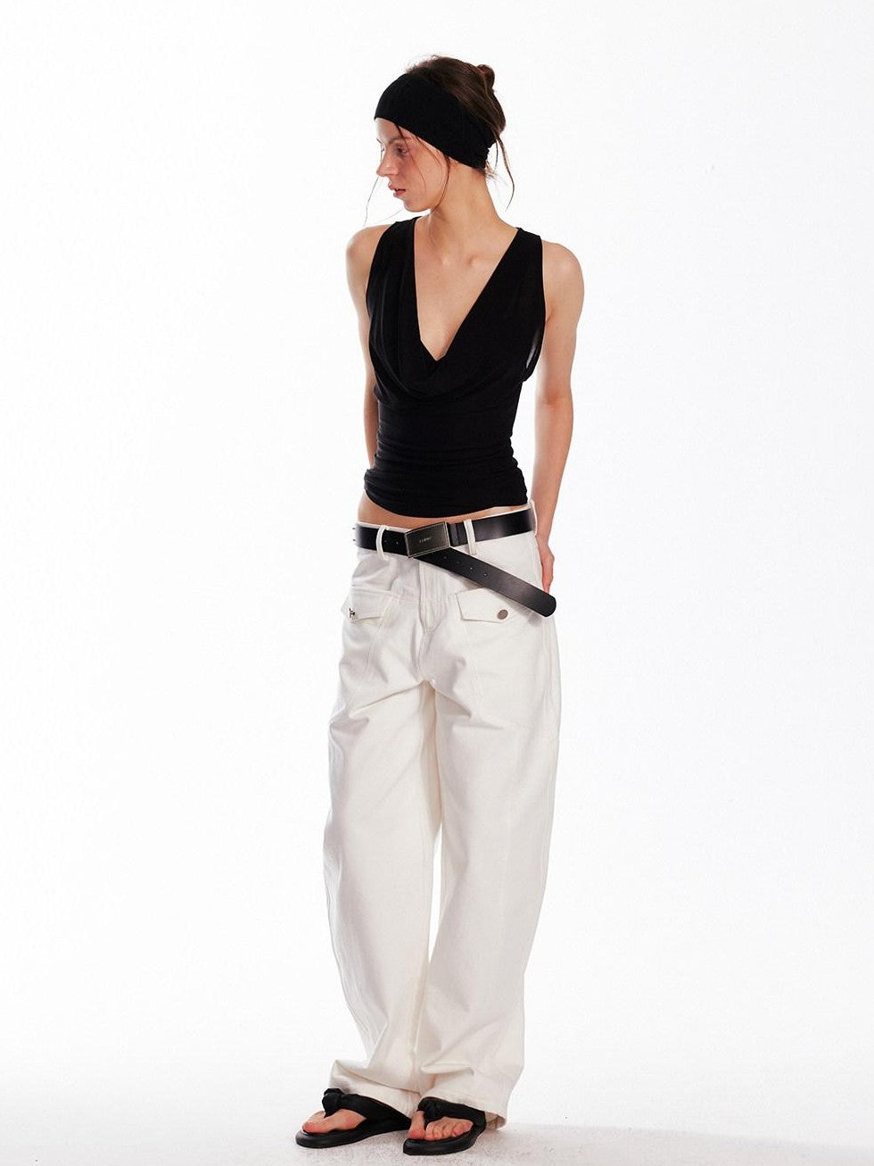ALINNV Solid Asymmetrical Fitted Cowl Neck Women&