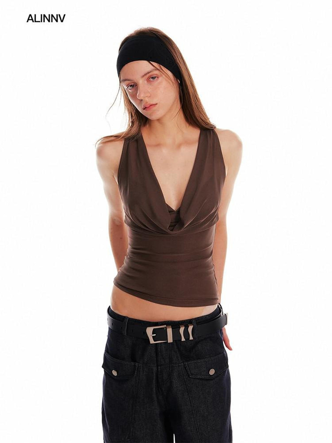 ALINNV Solid Asymmetrical Fitted Cowl Neck Women&