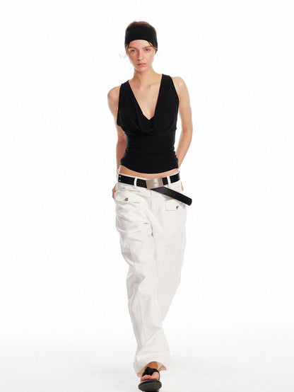 ALINNV Solid Asymmetrical Fitted Cowl Neck Women&