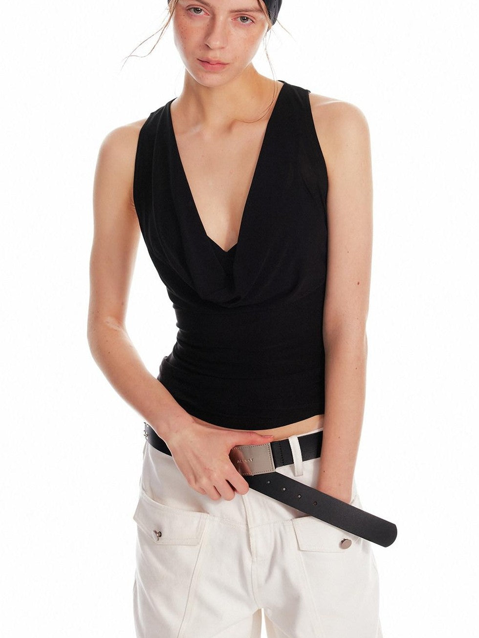 ALINNV Solid Asymmetrical Fitted Cowl Neck Women&