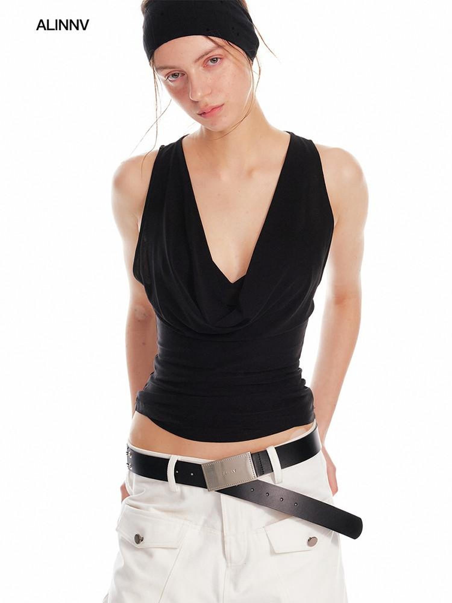 ALINNV Solid Asymmetrical Fitted Cowl Neck Women&