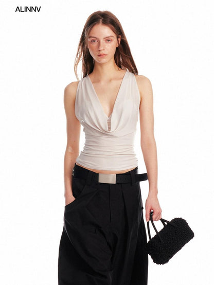 ALINNV Solid Asymmetrical Fitted Cowl Neck Women&