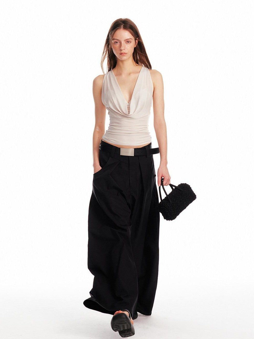 ALINNV Solid Asymmetrical Fitted Cowl Neck Women&