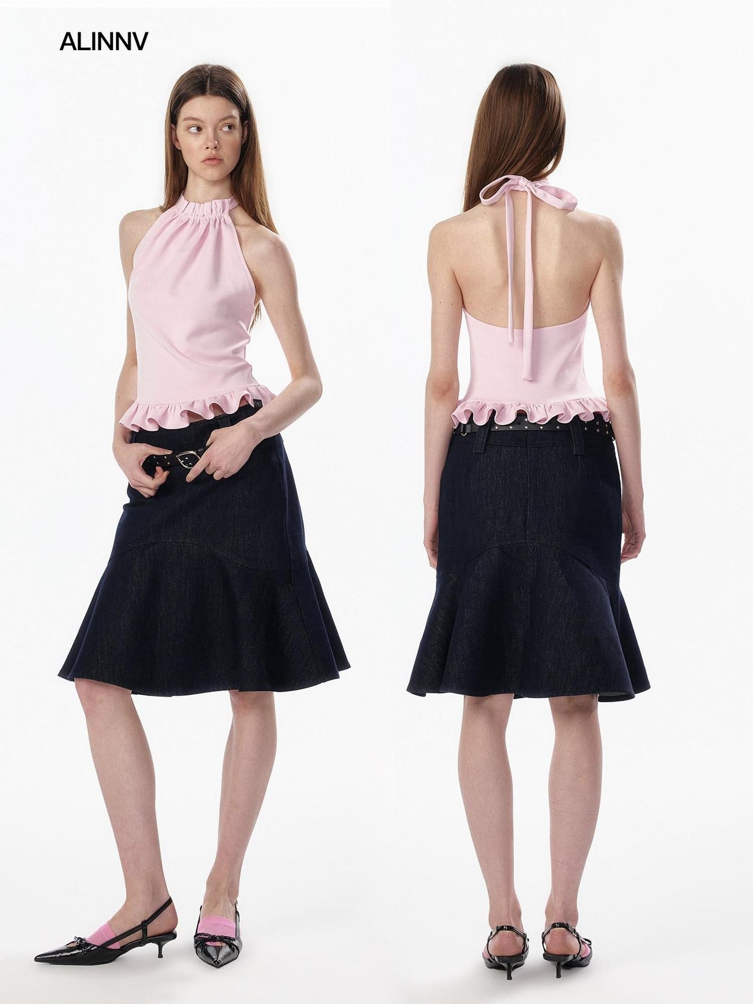 ALINNV Striped Ruffle Hem Backless Waist Women&