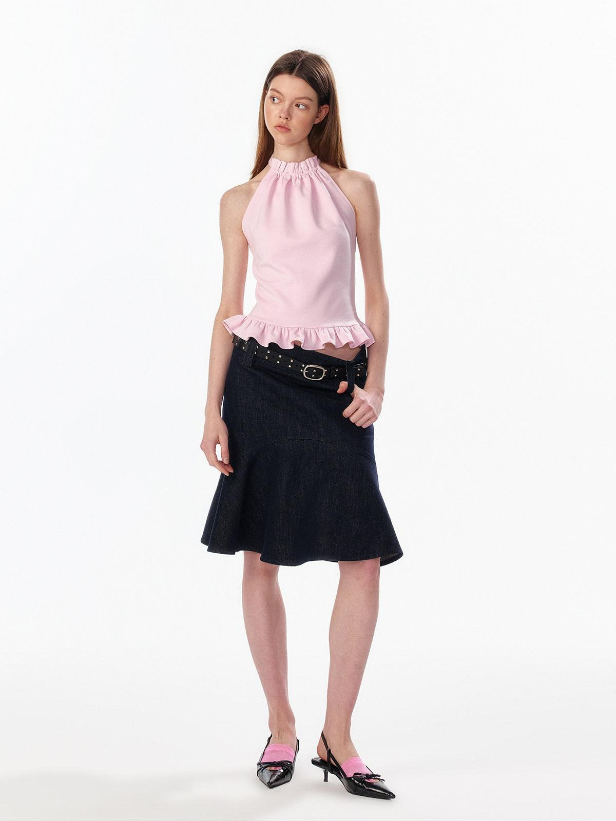 ALINNV Striped Ruffle Hem Backless Waist Women&