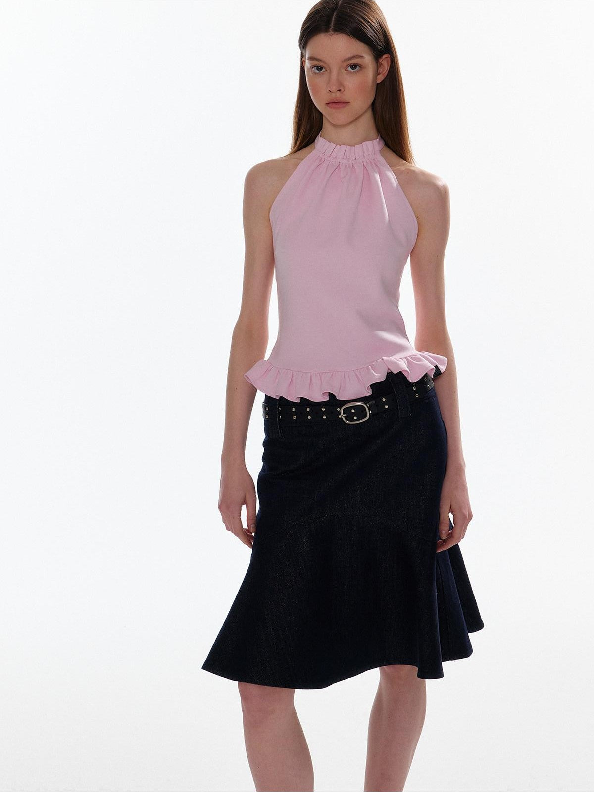 ALINNV Striped Ruffle Hem Backless Waist Women&