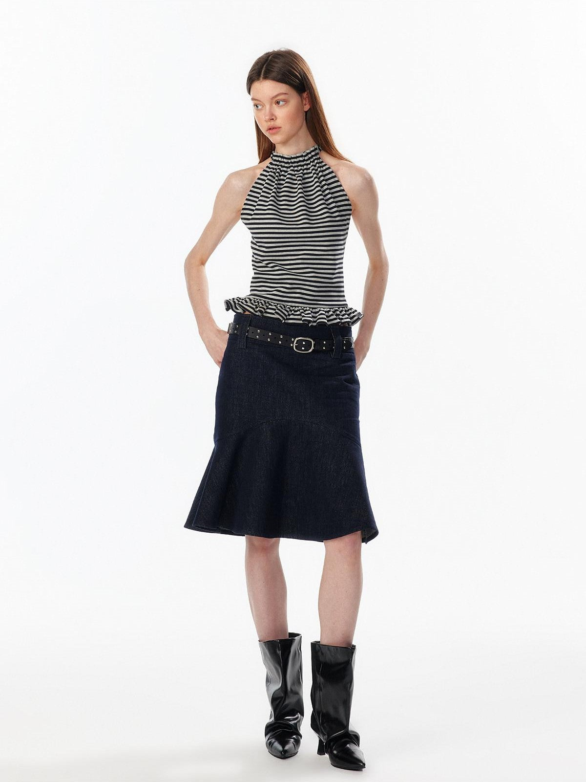 ALINNV Striped Ruffle Hem Backless Waist Women&