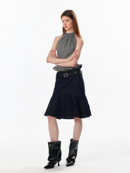 ALINNV Striped Ruffle Hem Backless Waist Women&