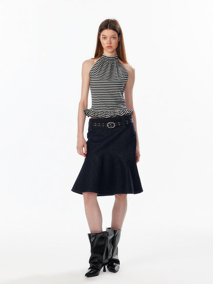 ALINNV Striped Ruffle Hem Backless Waist Women&