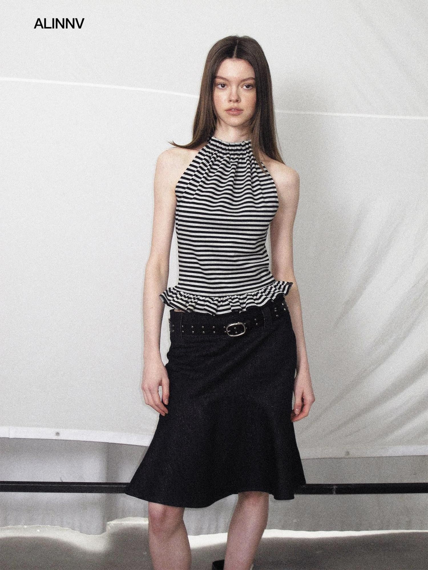 ALINNV Striped Ruffle Hem Backless Waist Women&