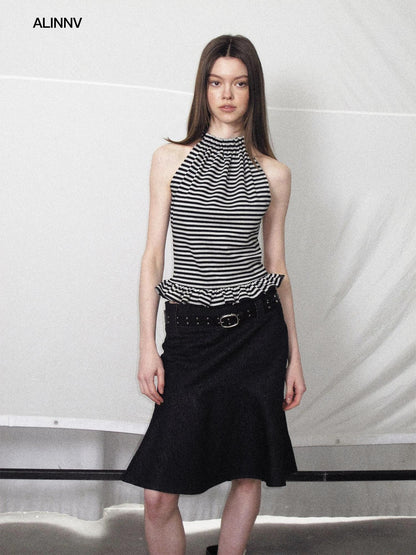ALINNV Striped Ruffle Hem Backless Waist Women&