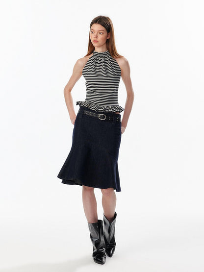 ALINNV Striped Ruffle Hem Backless Waist Women&