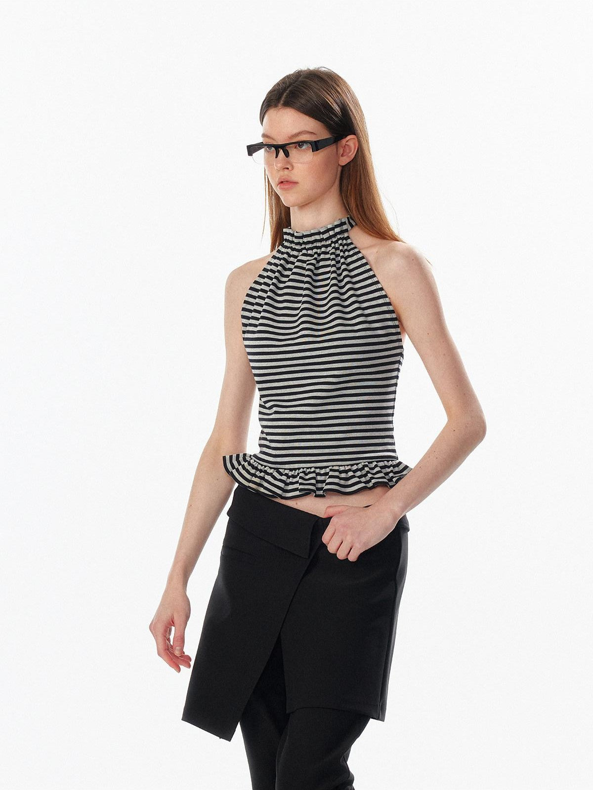 ALINNV Striped Ruffle Hem Backless Waist Women&