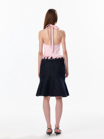 ALINNV Striped Ruffle Hem Backless Waist Women&