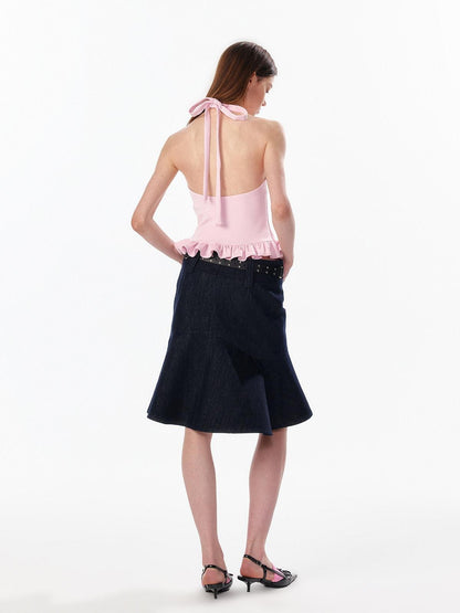ALINNV Striped Ruffle Hem Backless Waist Women&