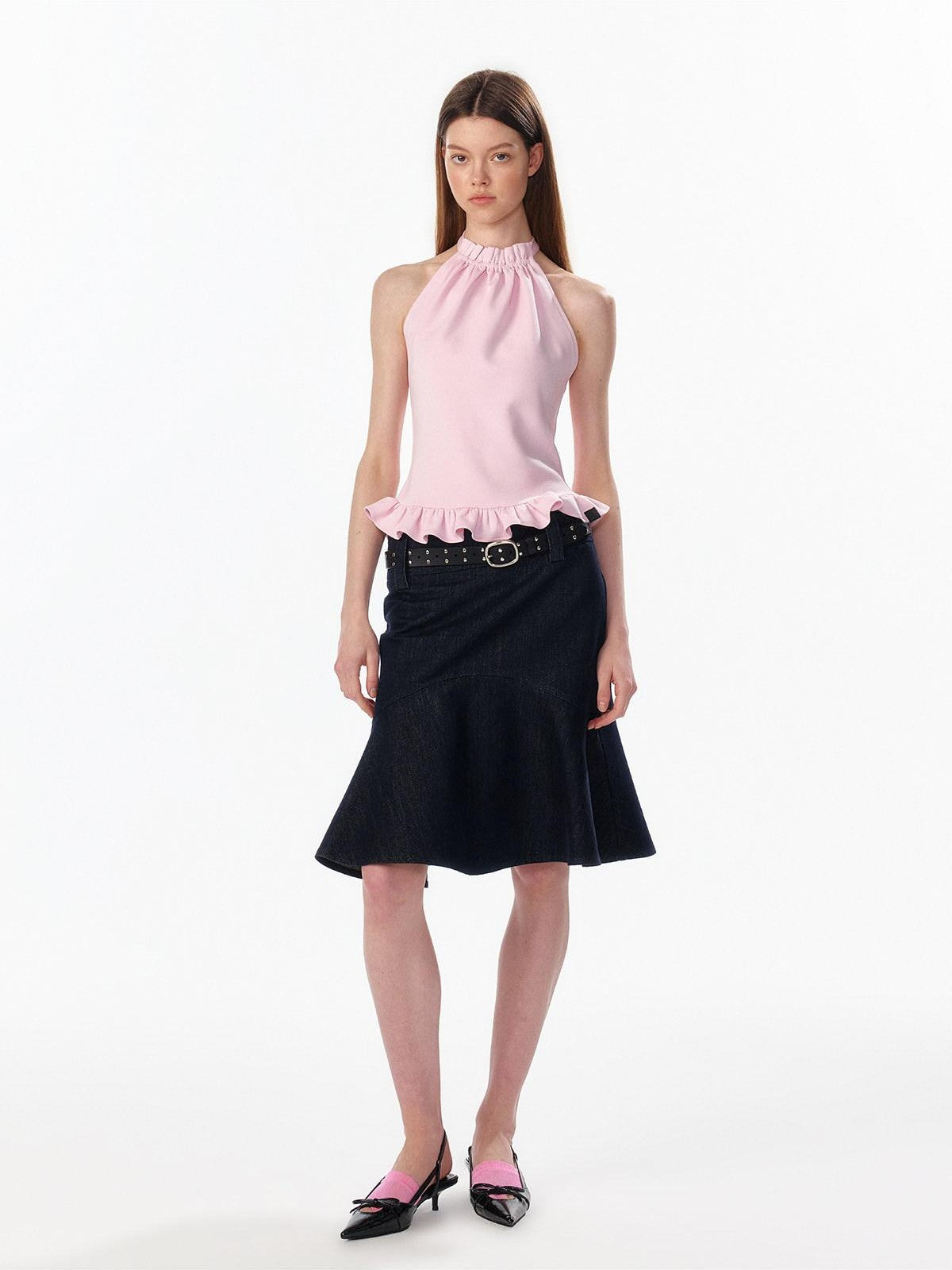 ALINNV Striped Ruffle Hem Backless Waist Women&
